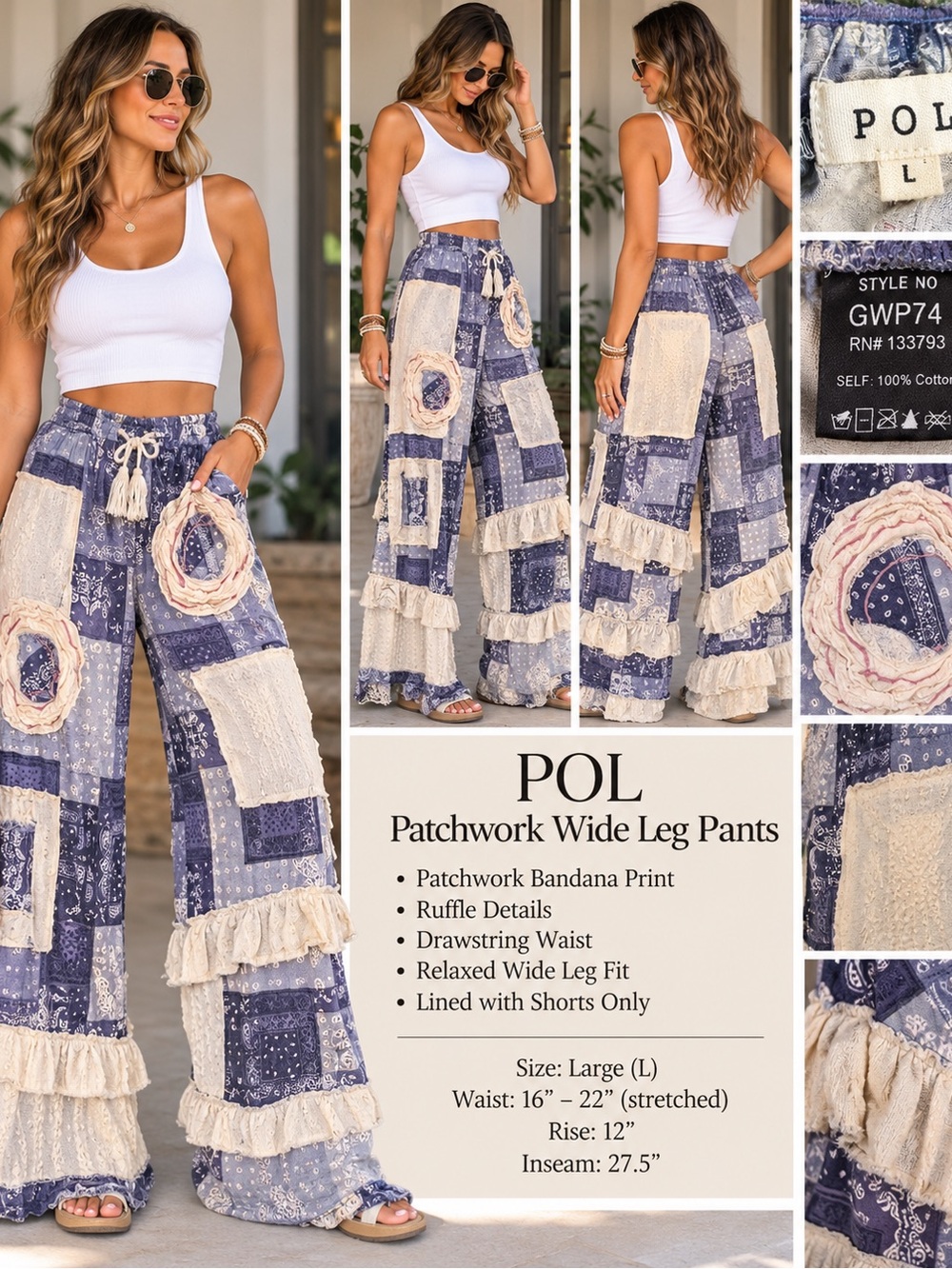 POL Patchwork Bandana Wide Leg Pants Large Boho Ruffle Applique